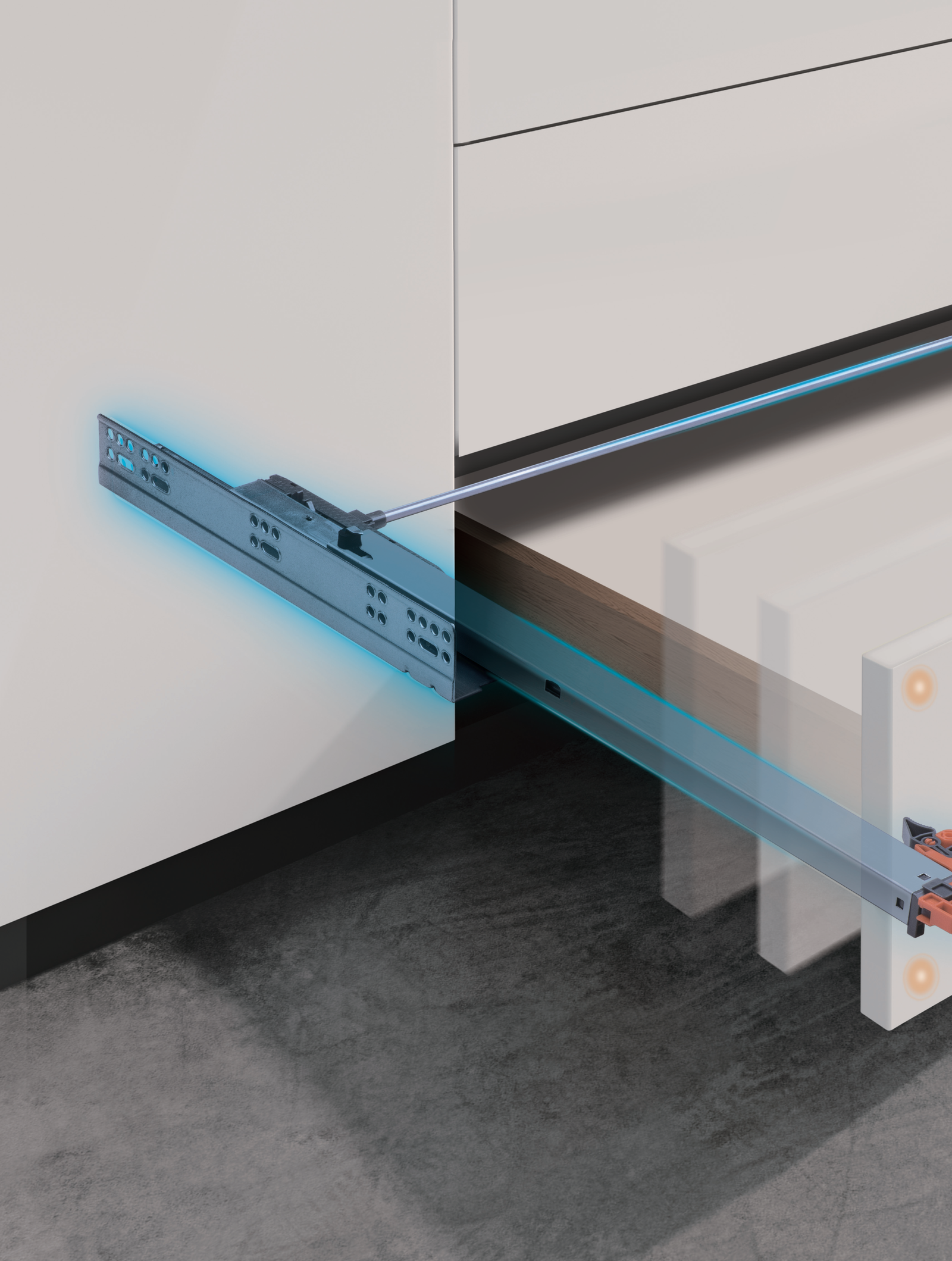 Synchronized push-open drawer slide application