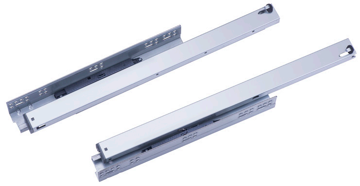 Full-extension push-open slide with 2D handle
