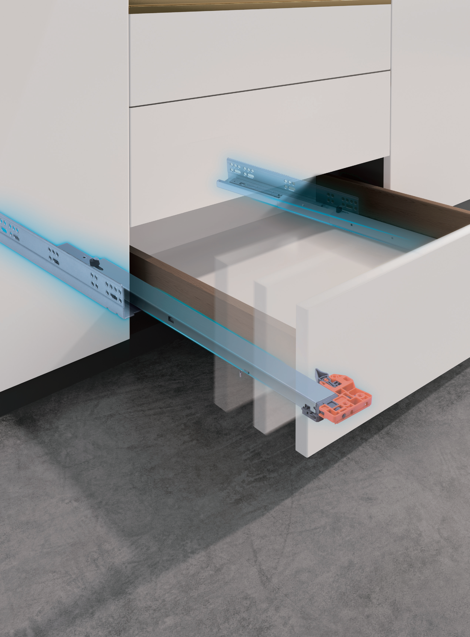 Two-section soft-close drawer slide installation application